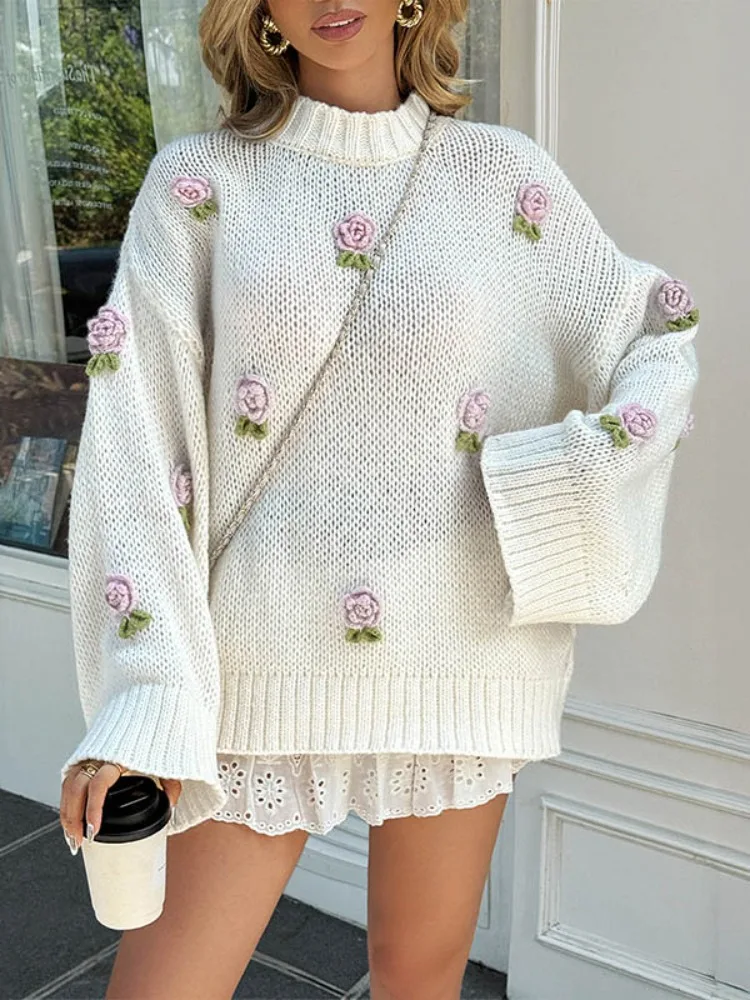 

Lemongor Women's Fashion Three-Dimensional Flower Oversized Knit Sweater Half Turtleneck Long Sleeve Autumn Winter Pullover Tops
