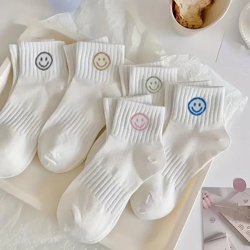 

5 Pairs of Whimsical Cartoon Face Print Short Socks - Soft, Breathable, and Comfortable Polyester Knit Fabric