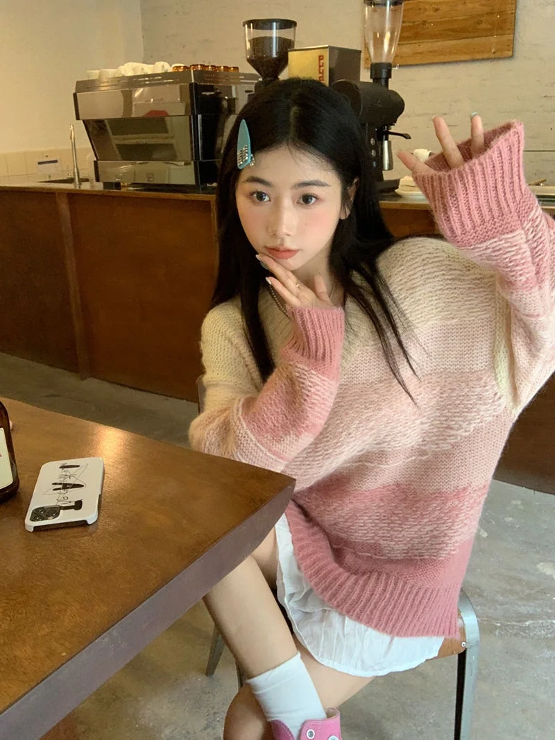 

Autumn/Winter Gradient Pink Knitted Sweet Women's Sweater Korean Gentle Cute V-neck Women's Trendy Casual Top