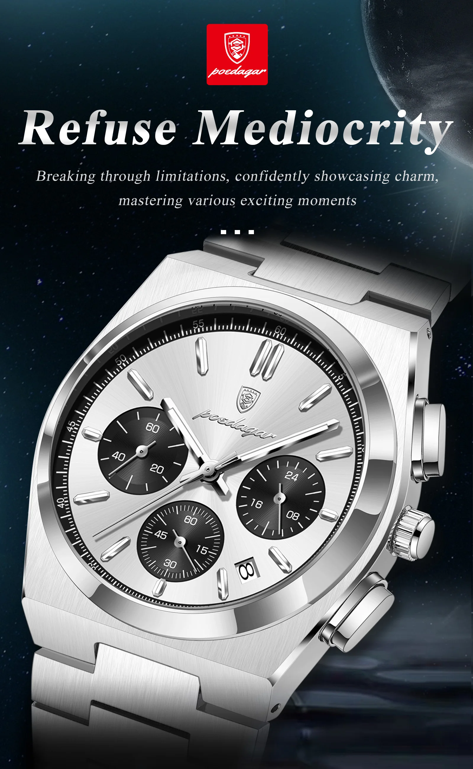 POEDAGAR Top Business Herrenuhr Chronograph Datum Edelstahl Klassische Männeruhr Wasserdicht Leuchtend Quarzuhren für Herren – Detail 2