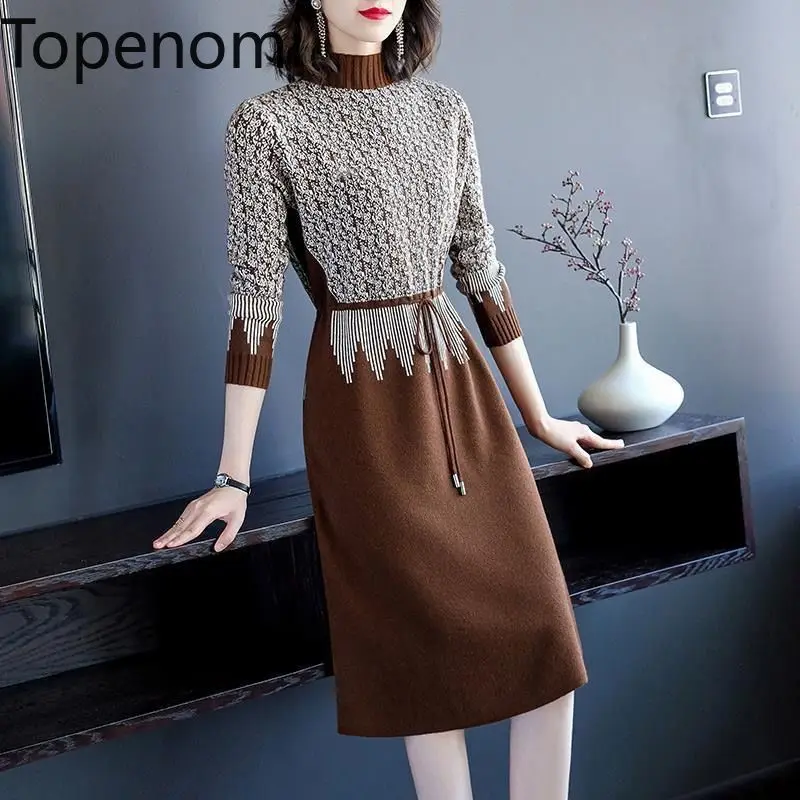 Topenomi Half High Collar Knitted Midi Dress Women Vintage Printed Drawstring Waist A Line Sweater Dresses Elegant Party Vetsido