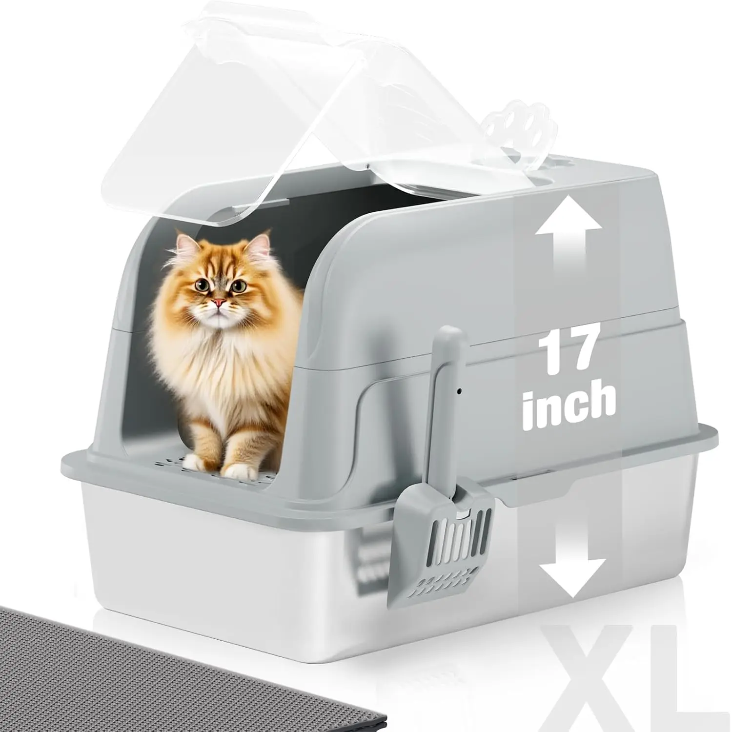 

Stainless Steel Cat Litter Box Fully Enclosed, Extra Large Metal High Sided Cat Box with 120° Fully Transparent See-Thr