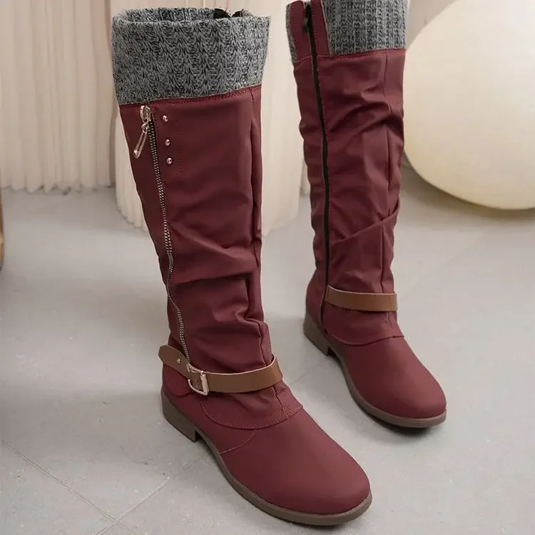 Shoes for Women Autumn Winter Women Boots Leather Plus Size Side Zipper Knee High Boots Low Heel Knight Botas Zapatos De Mujer