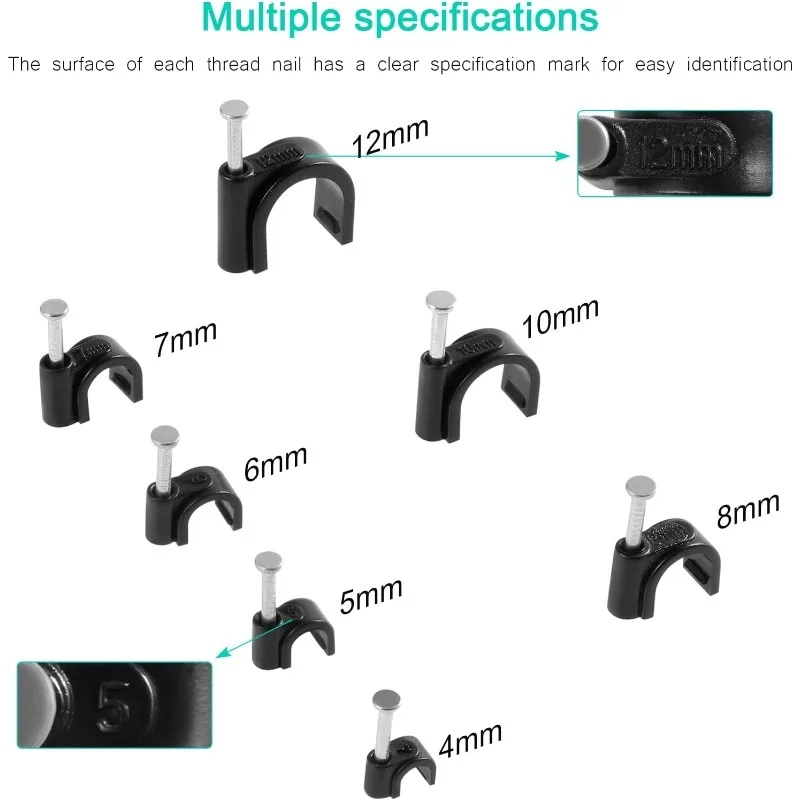 600PCS Black Cable Clips Set Steel Nail Cable Clips Tacks for Cable Fixing Organizer 4mm 5mm 6mm 7mm 8mm 10mm 12mm DIY Tools Kit