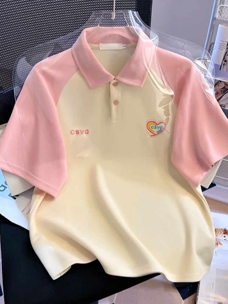 자수 레터링 루즈핏 여성 티셔츠 여름 캐주얼 면 혼방 한국 스타일 탑