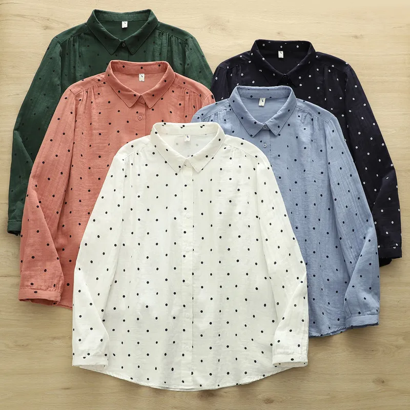 Autumn women clothing two layer 100% cotton yarn green polka dot print shirts long sleeve blouses for women tops lady clothes