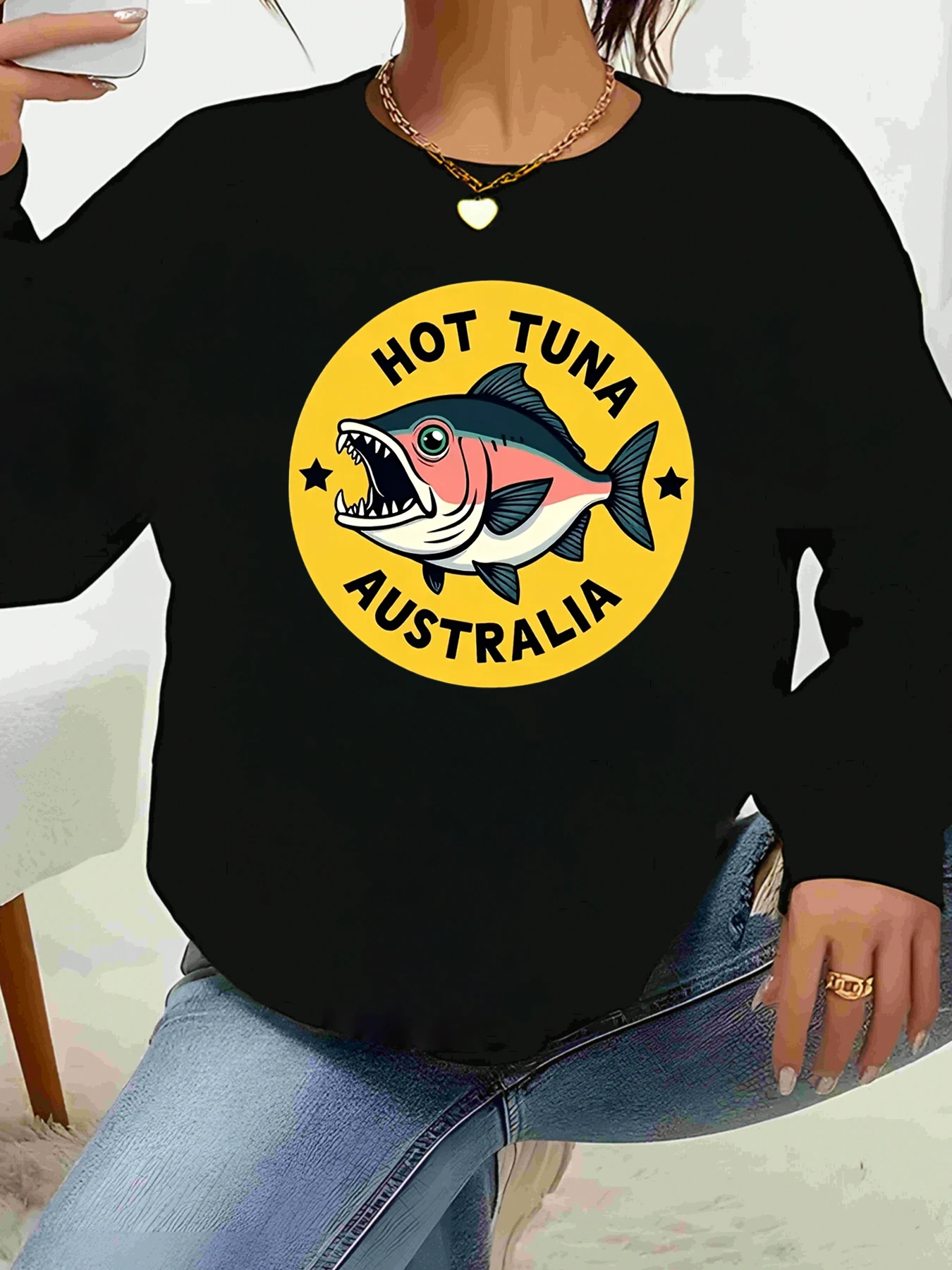 ホットツナ オーストラリア フィッシュプリント 長袖スウェットシャツ カジュアルウェア 女性用 日常着