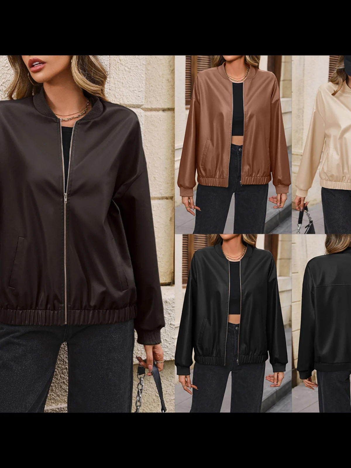 

Street Sle Long Sve PU Biker Jaet Leather Coat round Ne Loose Fit Women's Faion Spring Collection