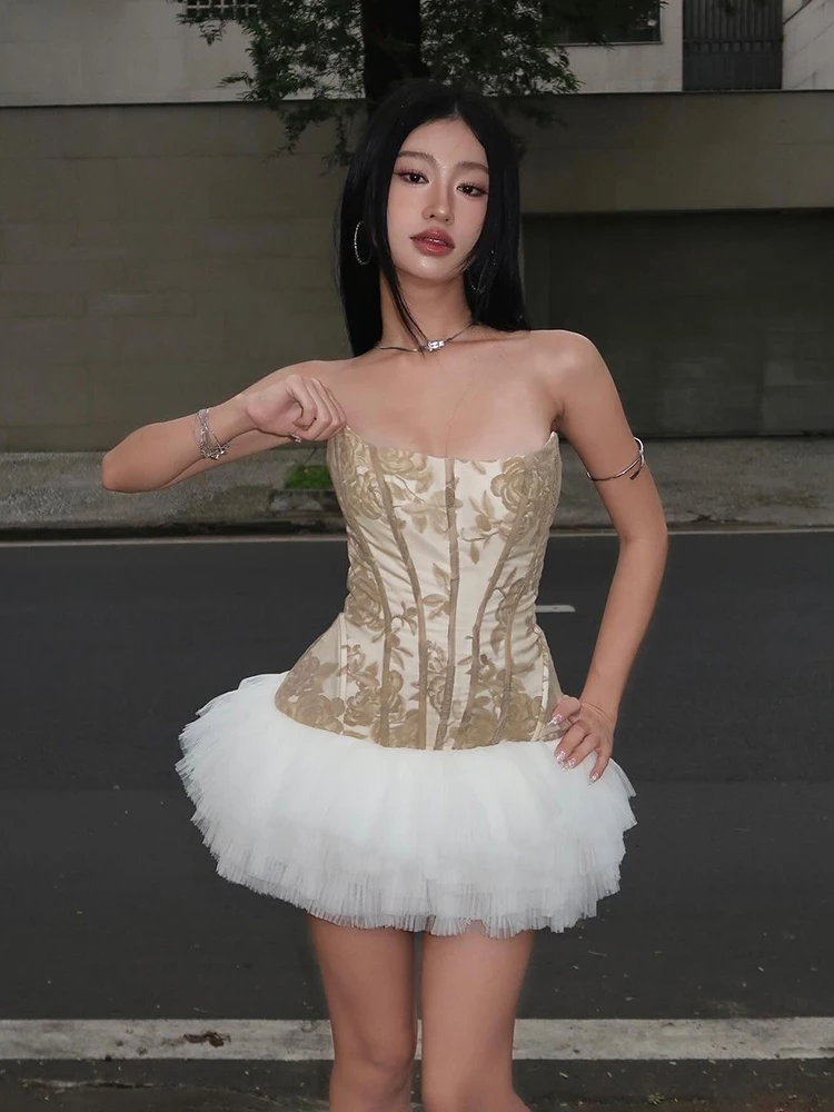 Insglas หวาน Patchwork ผู้หญิง Anti-Fishbone ดอกไม้ Dark เส้น Bandeau Multi-Layered Pleats Fluffy Party สวย bodycon