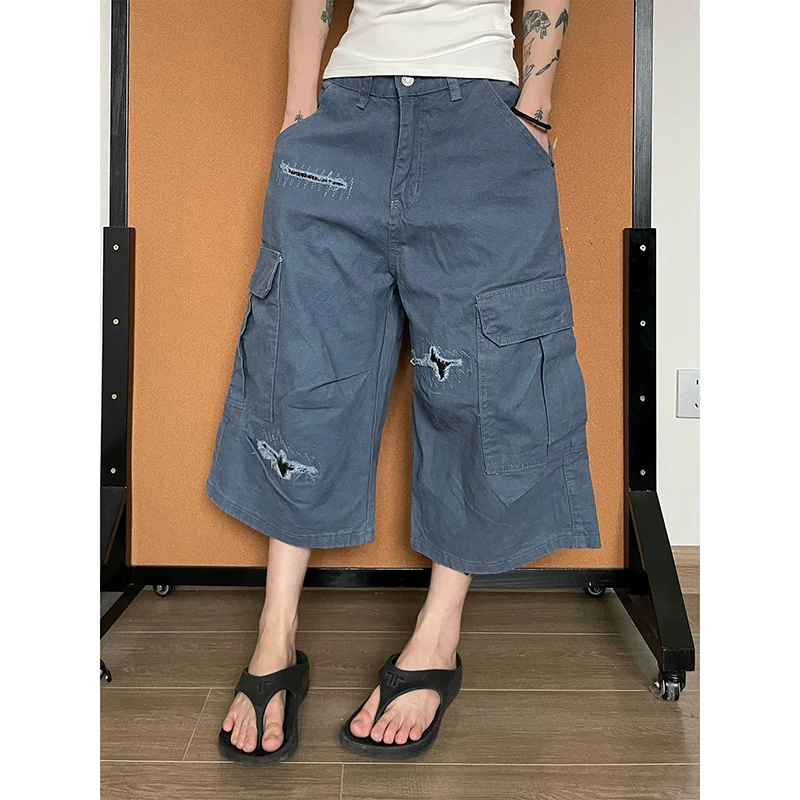 

ZHIZOU Summer Women Blue Cargo Jean Shorts Y2K American Harajuku High Street Aesthetic 2000s Style Vintage Denim Shorts Clothing