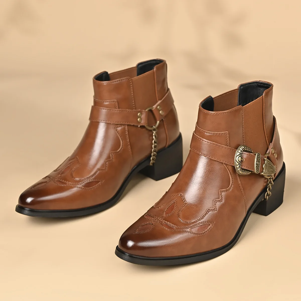 Fashion 2026 Men\'s Vintage Cowboy Boots Leather High Top Chain Buckle Strap Punk Shoes Pointed Toe Biker Ankle Boots for Men
