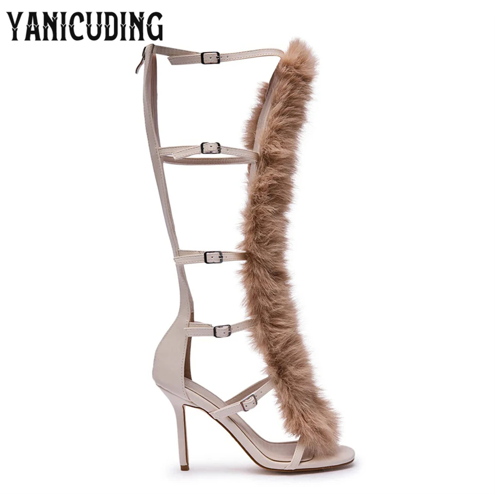 فو الفراء قفص صندل الأحذية المصارع نمط المفتوحة اللوز تو الخناجر رمح مع خمسة قابل للتعديل التوى الأشرطة الصيف الصنادل #5