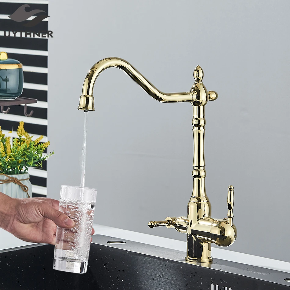 Kitchen Water Filter Faucet Dual Spout Filter Faucet Mixer 360 Degree Rotation Water Purification Feature Taps Crane