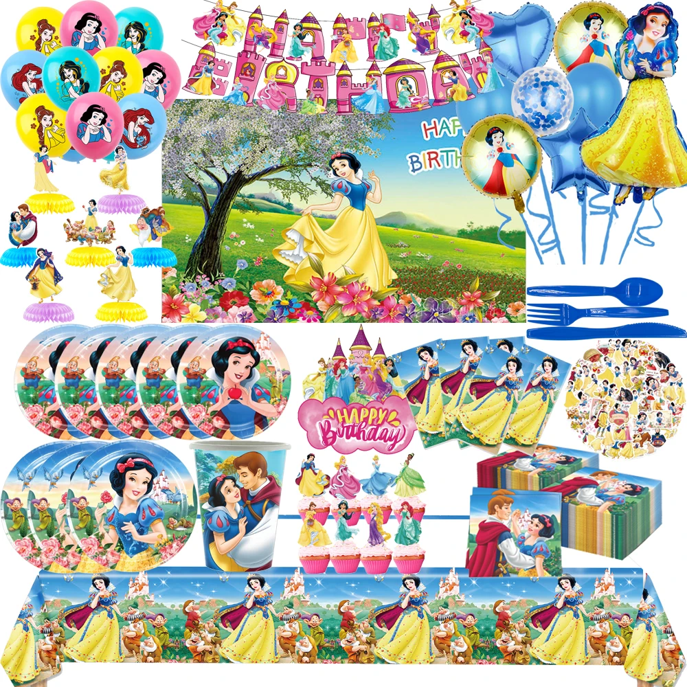 Decoraciones para fiesta de cumpleaños de niñas Blancanieves, vajilla desechable, platos de papel, mantel, servilletas para niños, suministros de baño para bebé