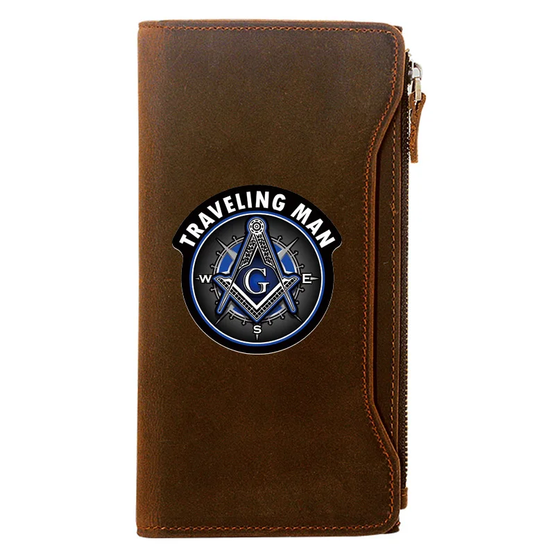 

Traveling Man Freemason Compass Printing Men Long Wallets Zipper Large Capacity Genuine Leather Male Purse Clutch Bag BI171