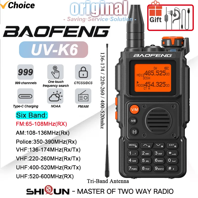 Baofeng UV-K6 Walkie Talkie Air Band Radio Type-C Charging UHF VHF Six Band DIMF FM NOAA Wireless Frequency BF-K6 Two Way Radios