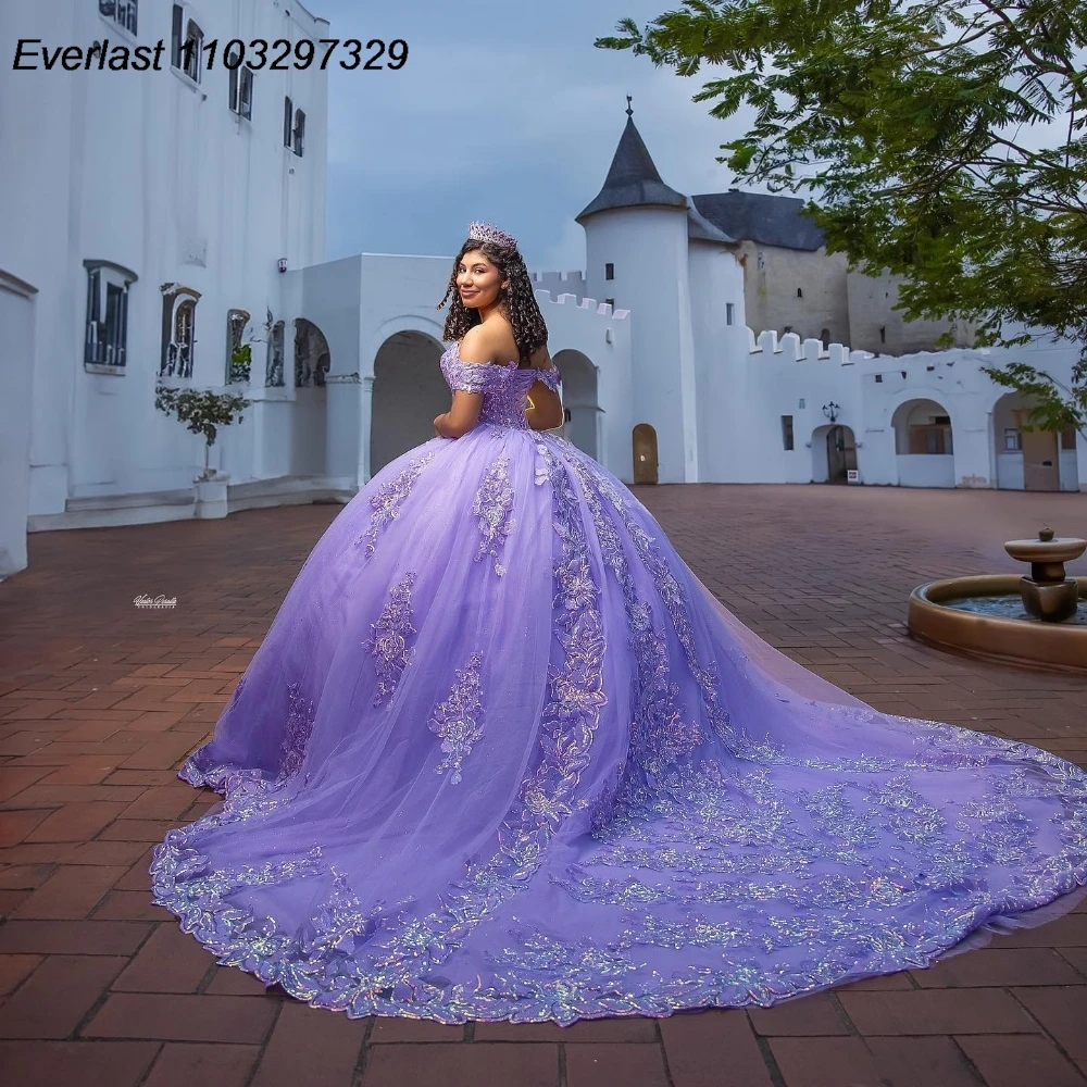 EVLAST Customized Glitter Lavender Quinceanera Dress Ball Gown Lace Applique Beaded Corset Sweet 16 Vestido De 15 Anos QD1184