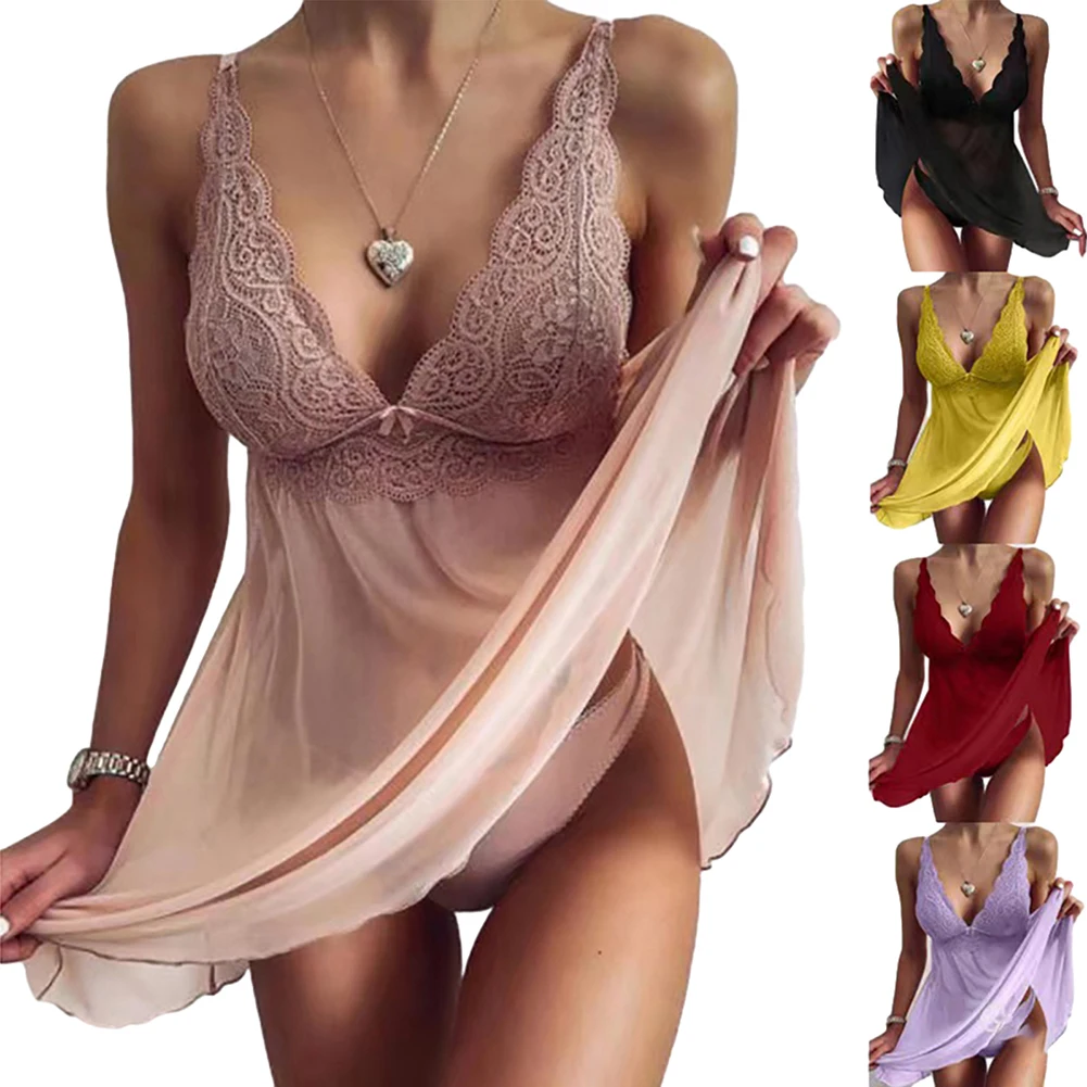 Women's Lingerie V-neck Lace Chemise Sexy Babydoll Sleepwear Spaghetti Strap Boudoir Nighty Nightgown Female Clothing