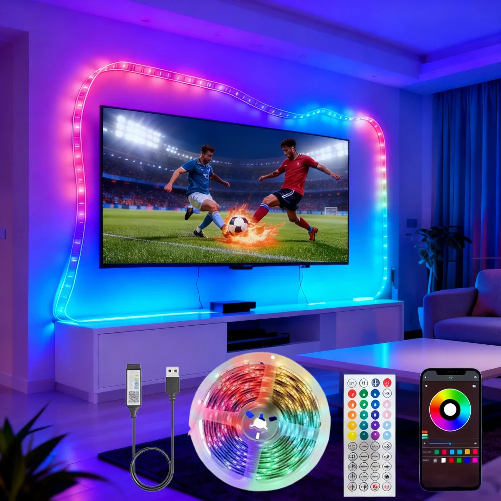 

44Keys Music Sync LED Strip Lights USB 5V RGB Bluetooth Remote APP Flexible Tape for Home Room TV Backlight Decoration Lighting
