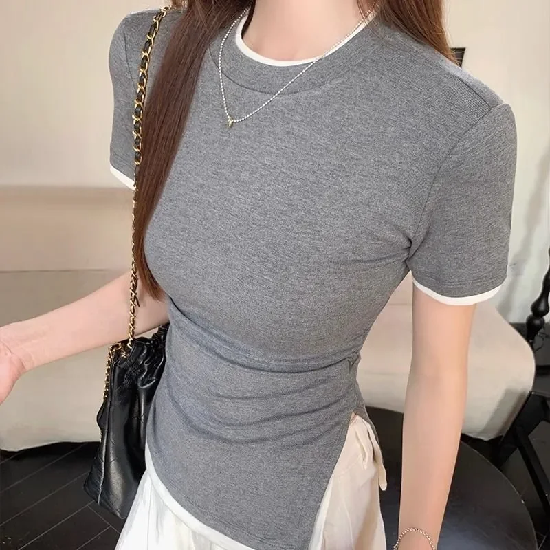 Women Crew Neck Color Block Short Sleeve T Shirt Slim Fit Irregular Split Hem Casual Summer Top