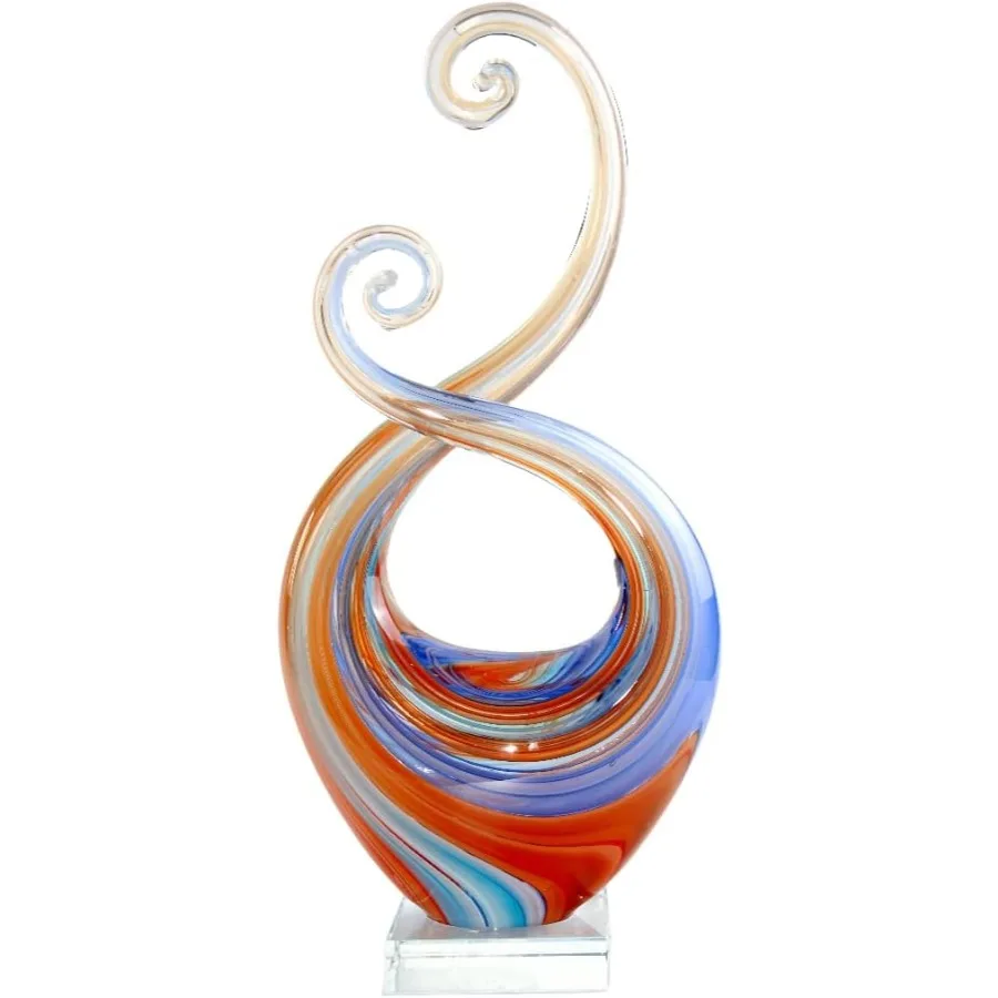

15" Tall Hand Blown Glass Abstract Sculpture with Base Outdoor-Ready Handcrafted Glass Decor for Patio Garden Home and Office D