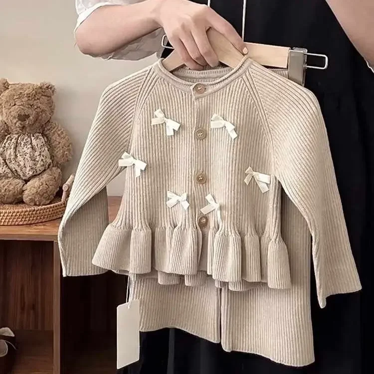 Korean Children Clothing Girls Suit Spring and Autumn New Style Fashionable Bow Lace Knitted Cardigan Long Sleeve Top Suit