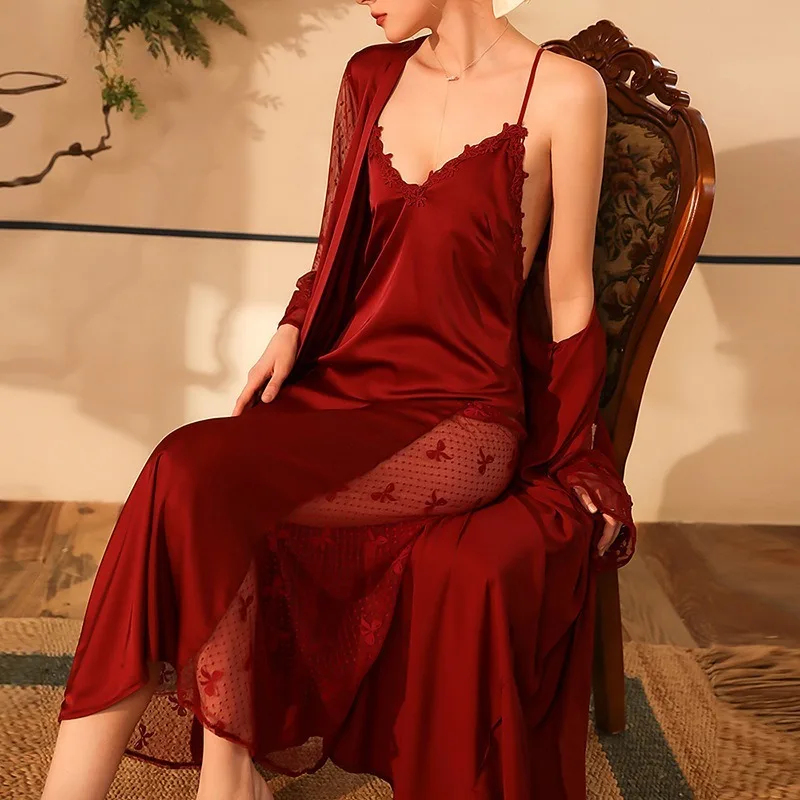 

Sexy Ice Silk Bathrobe and Long Bathrobe Pajamas for Women, Long-sleeved Women's Satin Home Wear Set, Thin and Comfortable