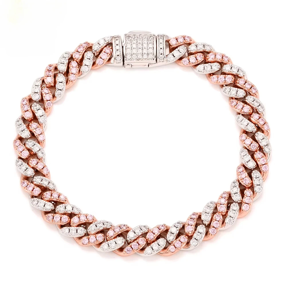 

18K two - tone Cuban link bracelet, inlaid with brass - set 5A pink diamonds, for luxurious men, 9mm