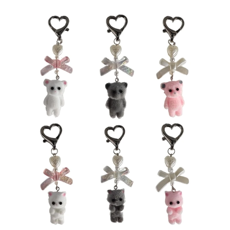 Flocking Bear Keychain Delicate Heart Bowknot Pendant Key Chain Ornament Bow Decoration for Wallet Bag and Phones 40GB