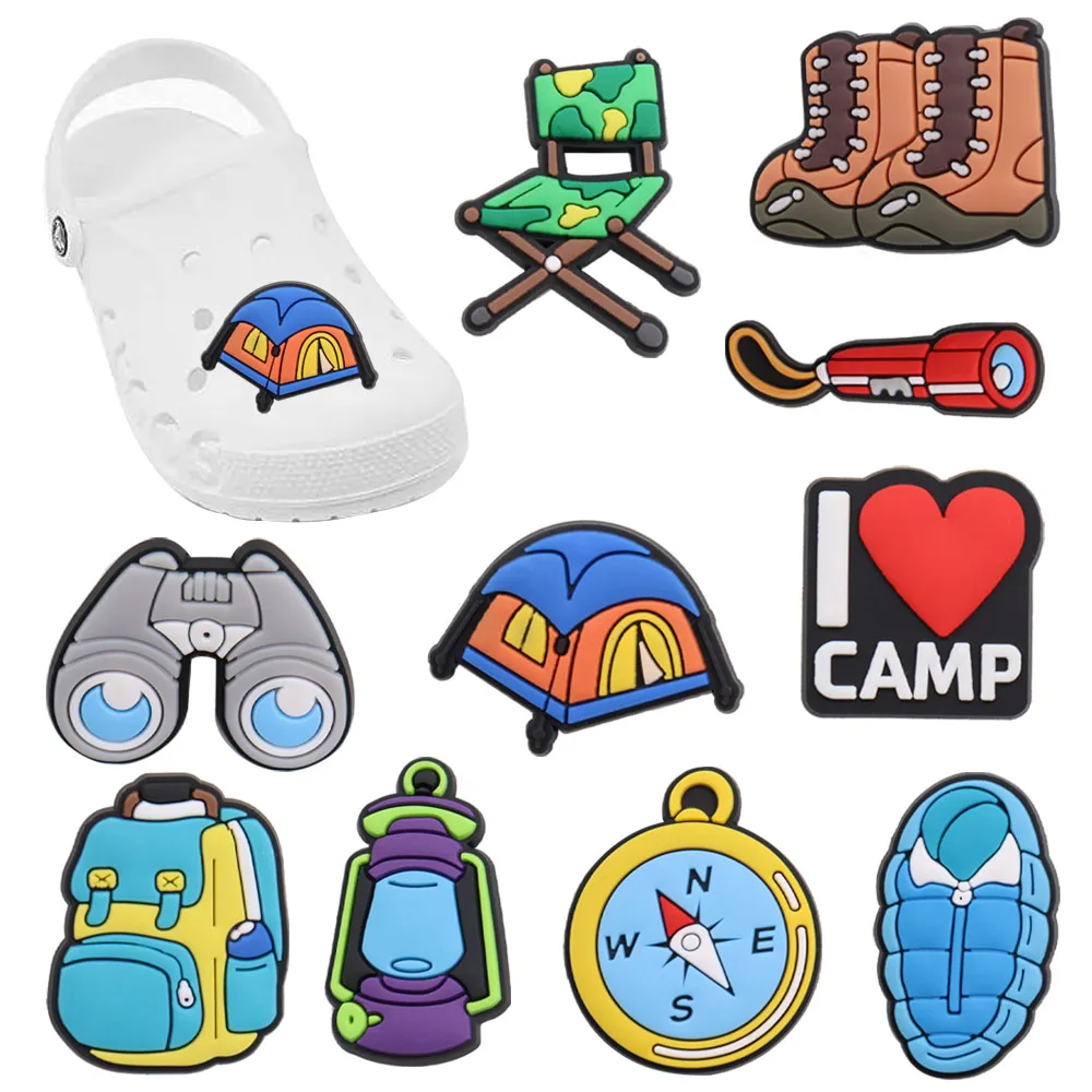 50pcs PVC Tent Camping School Bag Compass Shoes Accessories Garden Shoe Decorations Fit Kids Charms Party Gift