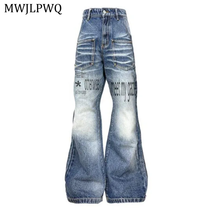 

MWJLPWQ Hiphop Washed Blue Pattern Flared Jeans For Men Rivet Niched Design High Street Versatile Women Casual Trousers 11554