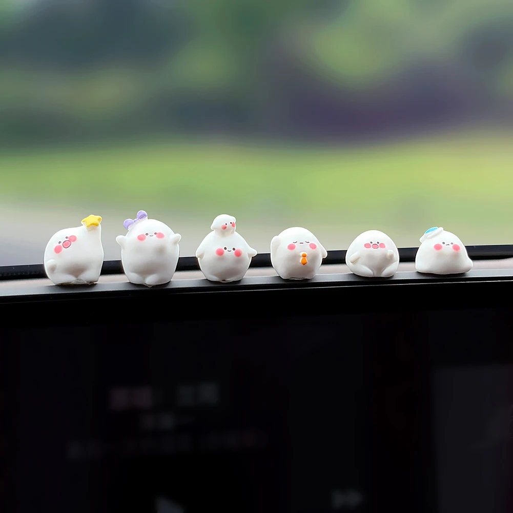 White Blob Car Ornaments for Dashboard and Screen Display Six Resin Figurines with Unique Poses and Pink Cheeks
