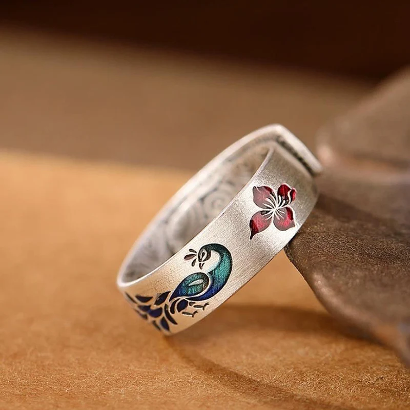 Thai Silver China-Chic Enamel Lotus Peacock Auspicious Cloud Pattern Ring Retro Versatile Women's Rings KOFSAC