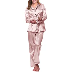 2 Pieces Women Silk Satin Pajamas Pyjamas Set Sleepwear Pijama Autumn Long Sleeve Tops Pant Set Loungewear Pyjama Pour Femmes