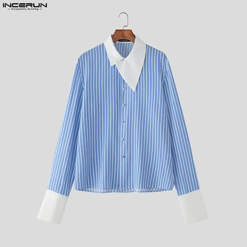 

INCERUN Мужская рубашка в полоску в стиле пэчворк с нерегулярным воротником и длинными рукавами, мужская одежда, уличная одежда, свободные модные повседневные майки 2026 S-5XL
