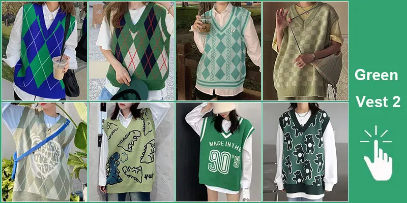 Green Knit Vest Printed Sleeveless Pullover Oversized Women Sweater Vest 2026 New Y2K Vintage Knitwear Women's Autumn Clothing