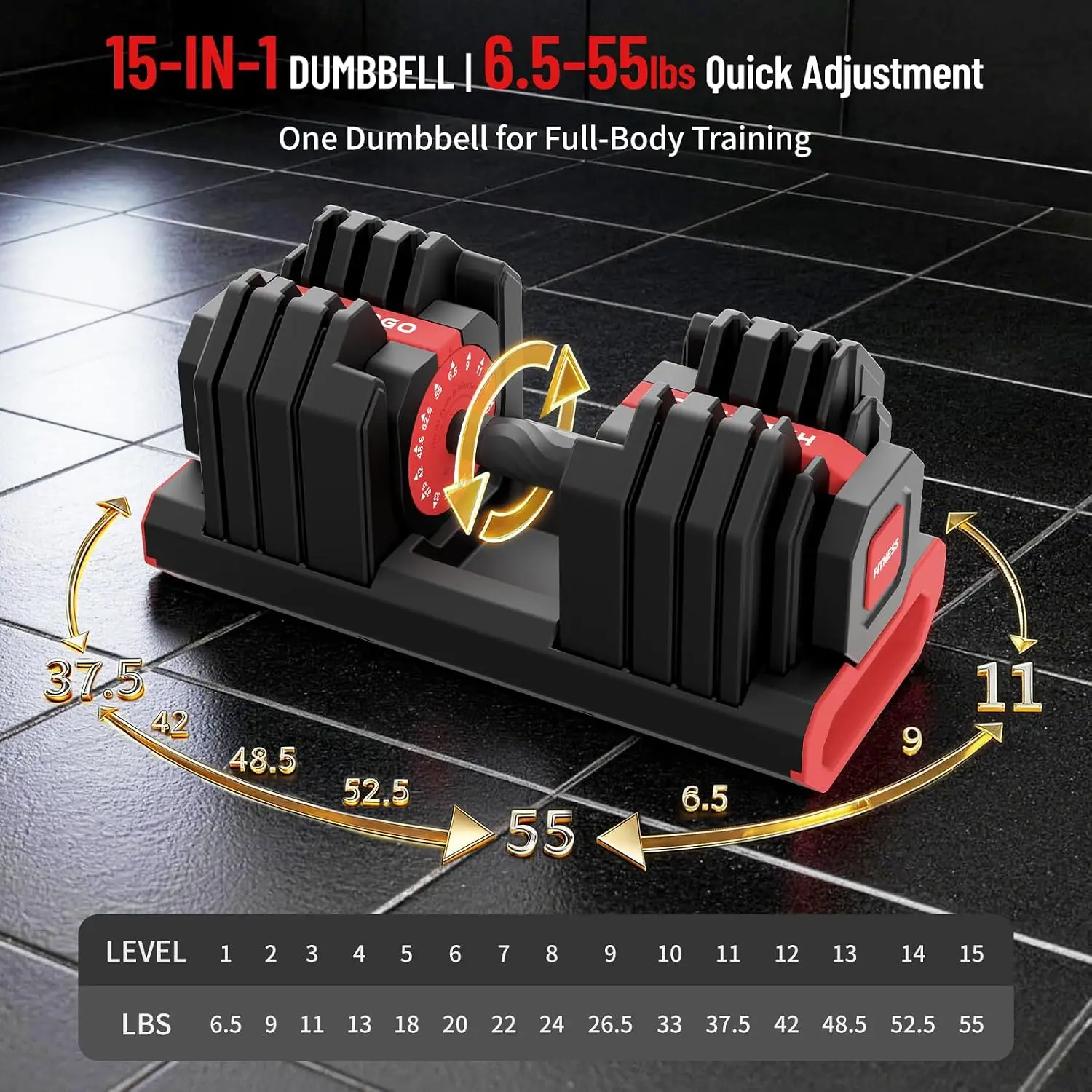 15 in 1 Adjustable Dumbbell Weight, 1-Second Quick Change Weights, 55/110 LBS Free Weights with Anti-Slip Grip & Secure Lock