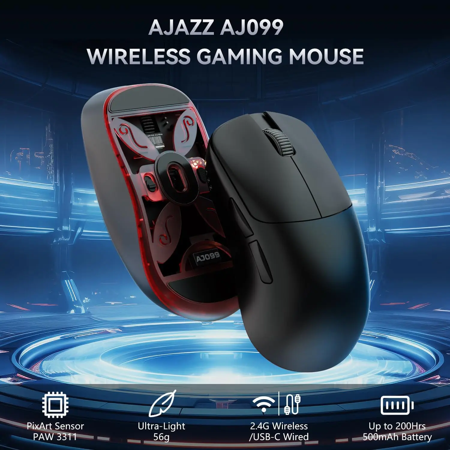 Imagem -03 - Ataque Shark-mouse para Jogos com Fio de Modo Duplo Sensor de Pixel Paw3311 até 12000dpi para pc Mac Ps4 Aj099 Superlight 2.4g Usb-c 56g