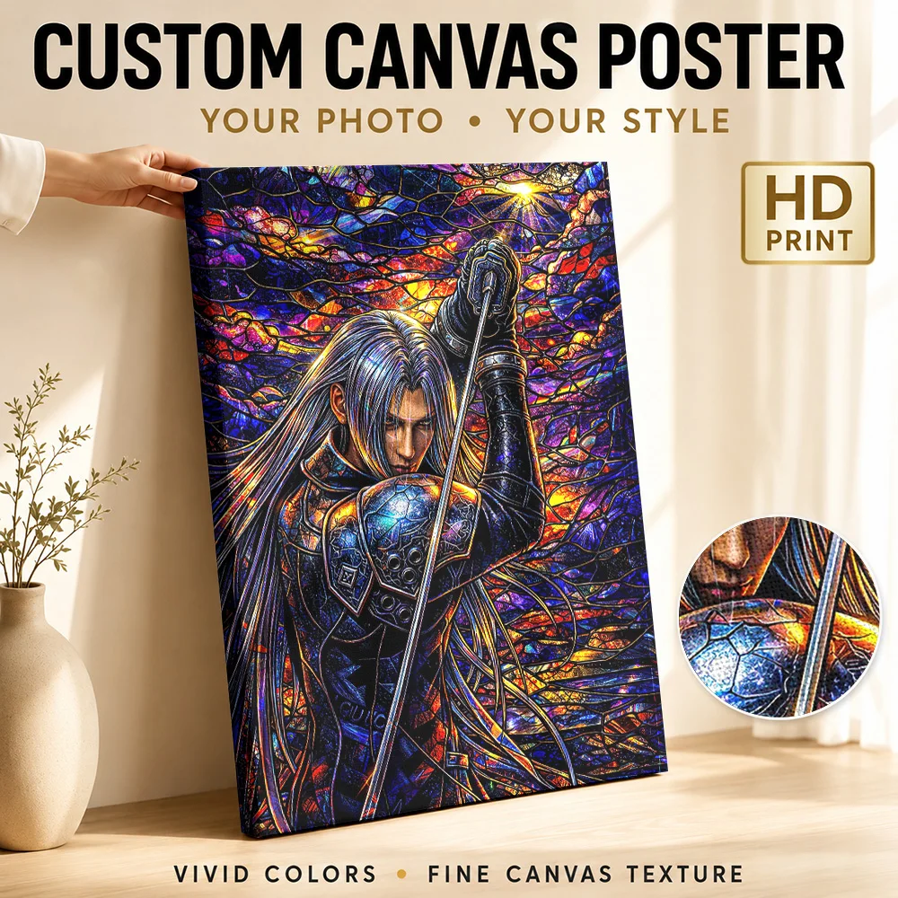 Póster de lienzo enmarcado estilo vidriera de Sephiroth, foto personalizada, arte de pared estético moderno para decoración de sala de estar y dormitorio