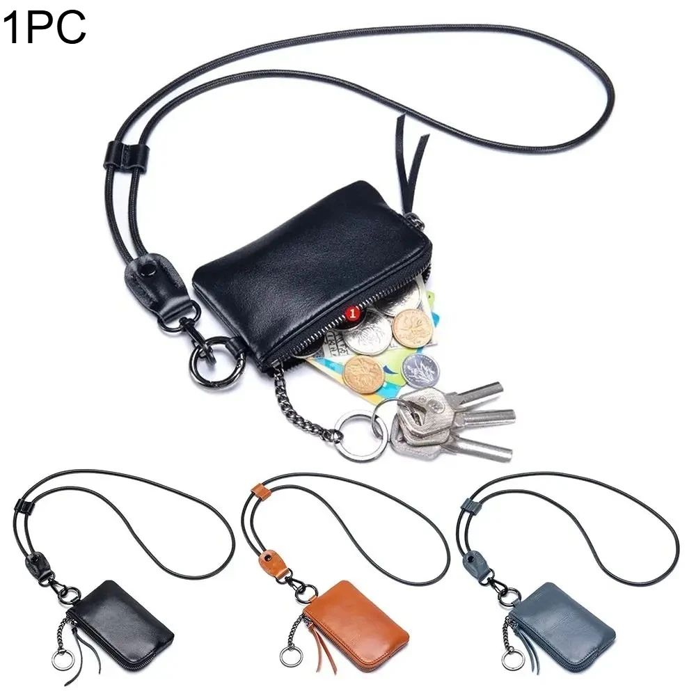 1Pc Hanging Neck Coin Purse, Compact Storage Of Change Card Bag, With Keychain Soft Leather Mini Coin Purse