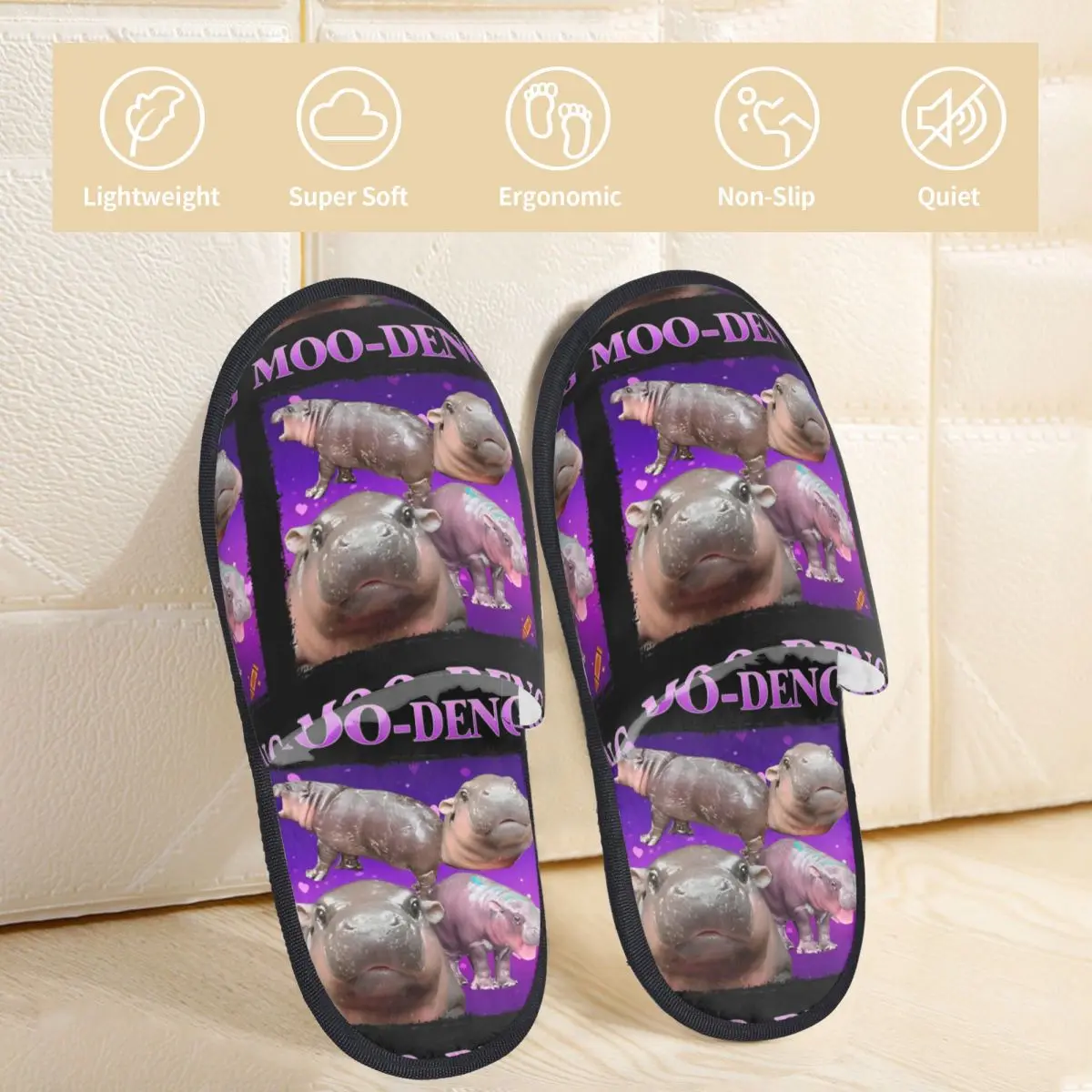 Cute Moo Deng The Famous Baby Pigmy Hippo Winter House Slippers Bedroom Cozy Household Fur Slides Slippers Non Slip