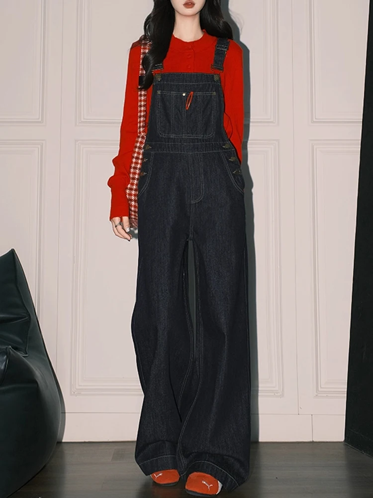 Salopette di jeans blu retrò da donna a vita alta ampia anti-età gamba larga tuta drappeggiata comoda pantaloni lunghi da pendolarismo