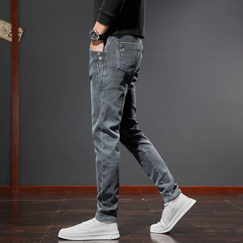 Edição Clássica Masculina Jeans, Roupa de marca, Velo, Cinza, Elasticidade, Magro, Skinny, Negócios, Casual, Confortável, Masculino, Calças jeans