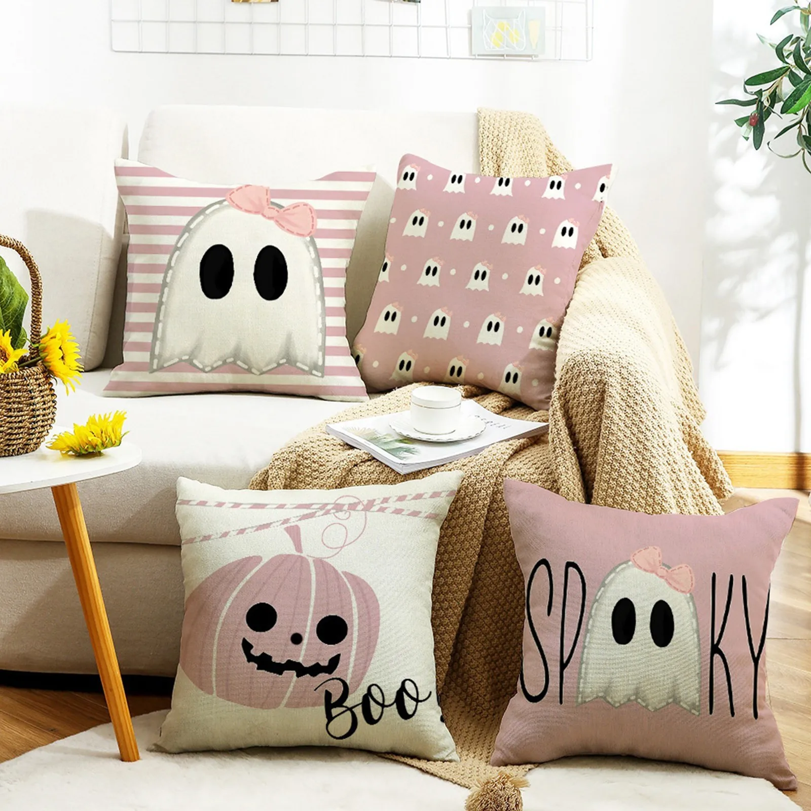 

Halloween Pillowcase Ghost Decoration Holiday Farmhouse Pillowcase Decoration Home Sofa Pink Purple 45X45 Pillow Case 2024