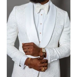 Luxury White Jacquard Men Suit Single Breasted Shawl Lapel Formal High-end Costume Elegant 2 Piece Jacket Pants Slim Fit Set