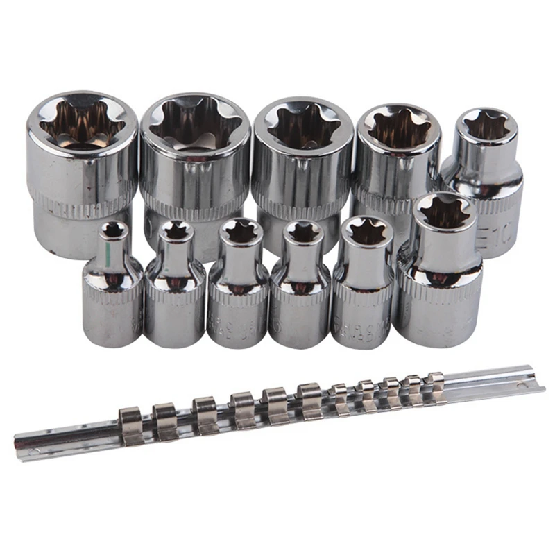 Female E-TORX Star Socket Set With Rail 11 Pcs Female External Star Socket Set E4 - E20 Torque Socket Set Alloy Steel Silver