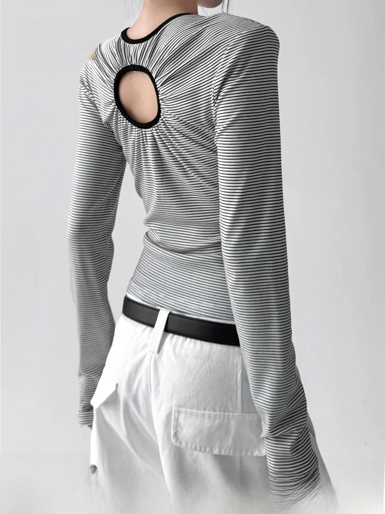 

Женская приталенная футболка NZNB в полоску с длинным рукавом, повседневная, с подплечниками, топ из смесового хлопка и полиэстера