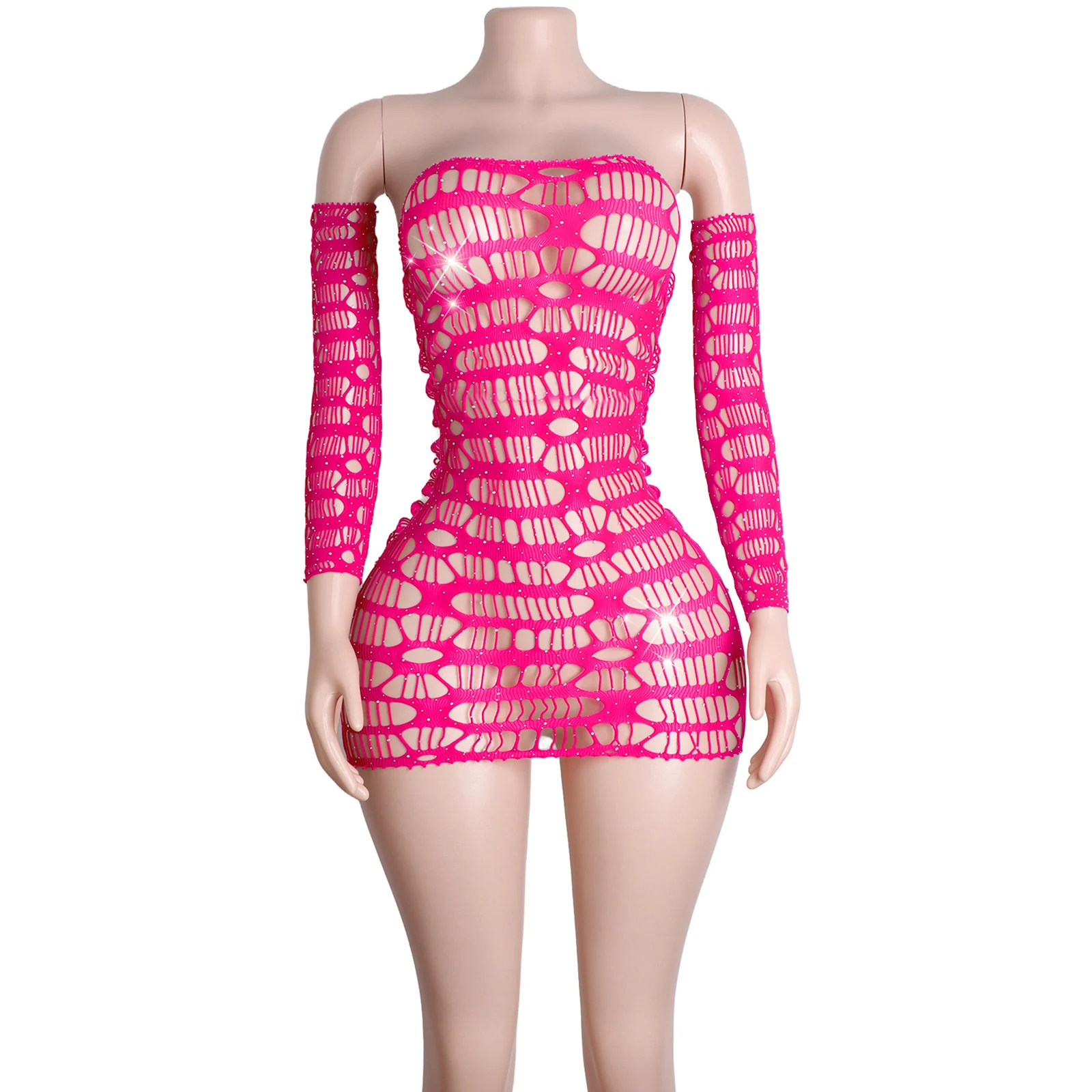 Mesh Fishnet Rock Dessous Strass Ärmeln Elegantes Performance Kleid Clubwear Sexy Party Bühne Outfit Nacht Show
