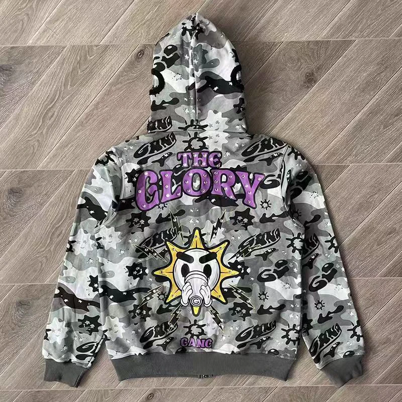 

Real Picture Autumn Couple Zip Up Sweatshirts Beverage Cartoon Camouflage Print Embroidered Glo Gang The Glory Casual Hoody