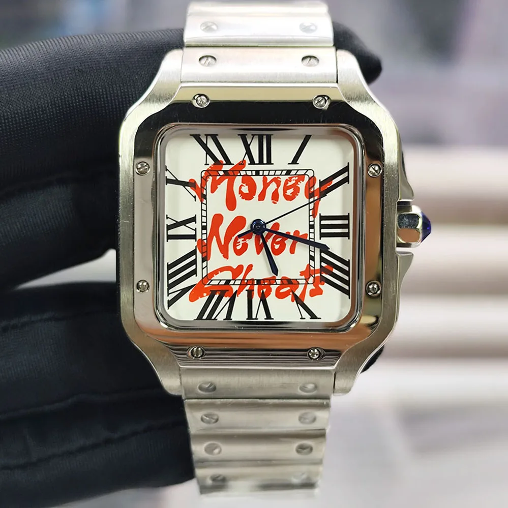 NEUE Santos-Uhr NH35-Uhrwerk Herrenuhr Quadratische Uhr Geld nie trügt Herren-Edelstahluhr NH35-Uhrwerk